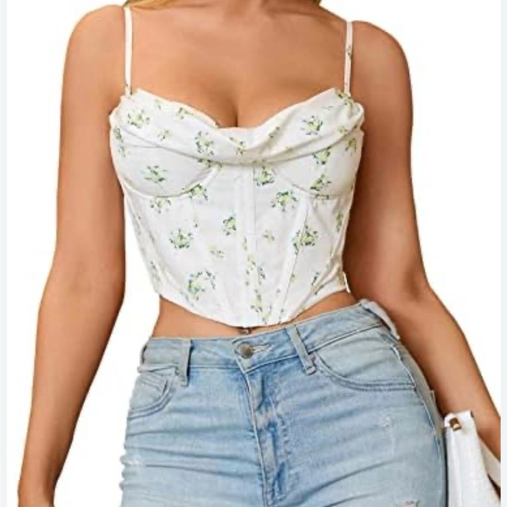 White Floral Corset Crop Top with Straps. Size M.